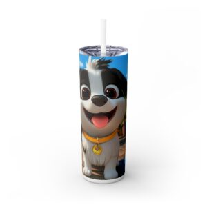 Cute Dog Skinny Tumbler with Straw, Personalized Gift for Pet Lovers, Travel Mug, Hydration Flask for Kids, Birthday Party Favor
